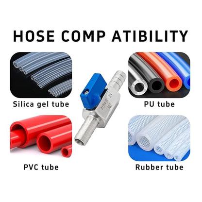 1/2” 304 Stainless Steel Mini Barb Ball Valve, Hose Shut Off Valve with Clamps, Corrosion Resistant Shut-Off Switch for Water, Gas, Fuel, Drip Irrigation - size: 1/2”