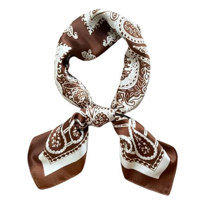 FONYVE Silk Feeling Scarf Medium Square Satin Head Scarf for Women 27.5 × 27.5 inches - color: 04 Brown Paisley
