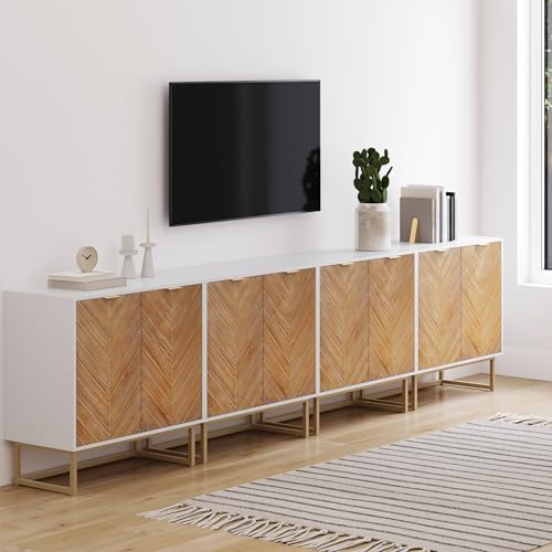Nathan James Enloe Modern Storage Free Standing Accent Cabinet TV Stand with Doors in a Rustic Pine Wood Finish and Gold Metal Base for Hallway, Entryway or Living Room, Brown/White/Gold, Set of 4 - color: Matte White-natural Wash-pale Gold, size: Set of