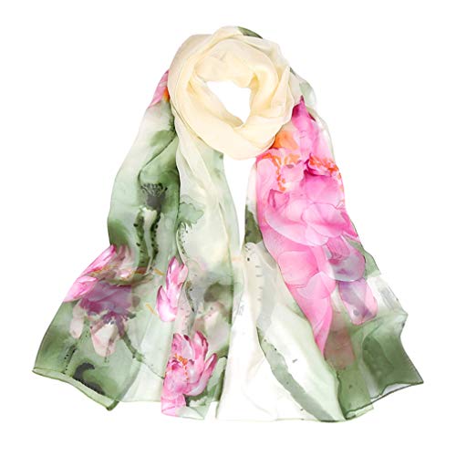 E-Clover Women Soft Floral Print Shawl Chiffon Sheer Scarf - color: Green Pink Lotus