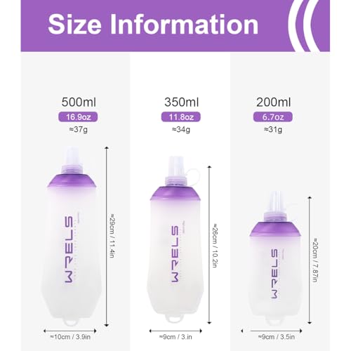 WRELS 200ml/350ml/500ml Collapsible Soft Flask,BPA Free Folding Soft Water Bottle with Hanging Ring,Lightweight TPU Hydration Flask for Running Marathon Cycling Hiking - color: Purple-200ml*1