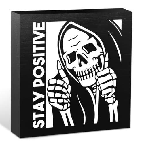 Halloween Decorations Inspirational Skeleton Man Wooden Box Sign Plaque Stay Positive Black Wood Box Sign Rustic Art Home Office Shelf Black Gothic Desk Decor, Book Shelf Decor Gifts for Women - color: Stay Positive