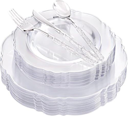 Liacere 150PCS Clear Silver Plastic Plates & Disposable Silver Plastic Silverware with Glitter Bamboo Handle Cutlery-Baroque Clear Disposable Plates for Wedding & Party - color: Silver, size: Baroque Style