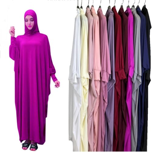 Women's Solid Muslim One-Piece Prayer Dress Abaya Kaftan with Hijab Full Length Dress - color: Rose Red