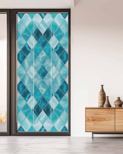 Window Privacy Film Teal Blue Diamond Window Clings for Glass Windows Modern Geometric Lines Windows Film Static Cling Frosted Windows Sticker Covering for Bathroom Living Room Office 35.4"x78.7" - size: 35.4"x78.7"