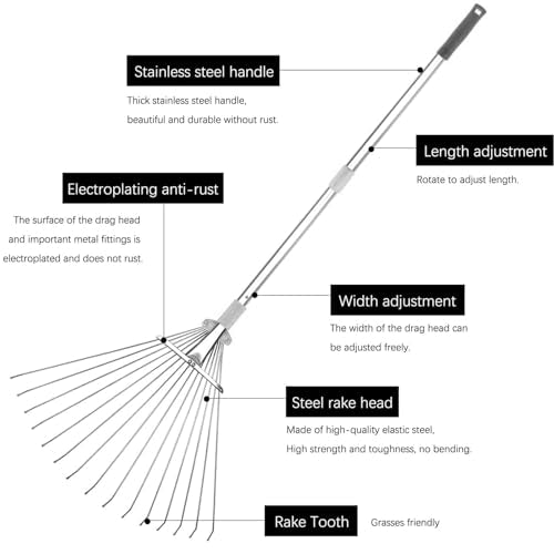 Buyplus Adjustable Garden Leaf Rake - 24 to 63 Inch Telescopic Metal Expandable Folding Leaves Rake, Metal Rakes for Leaves, Yard Rakes for Lawn Yard, Flowers Beds, Sliver - color: Sliver