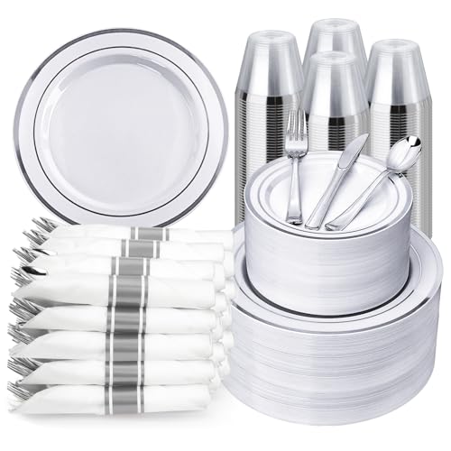 BESTVIP 700PCS Silver Plastic Dinnerware Set for 100 Guests, Disposable Plates for Party, Include: 200 Plastic Plates, 100 Pre Rolled Napkins with Silver Silverware, 100 Cups for Christmas, Halloween - color: Silver, size: 100 Guests