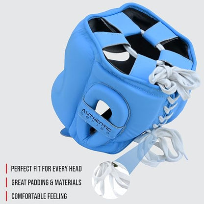 A1 Boxing Sparring Headgear – Face Saver Head Guard with Nose Protection, Cowhide Leather Boxing Headgear for MMA, Muay Thai & Kickboxing Training - color: Blue, size: Small-Medium