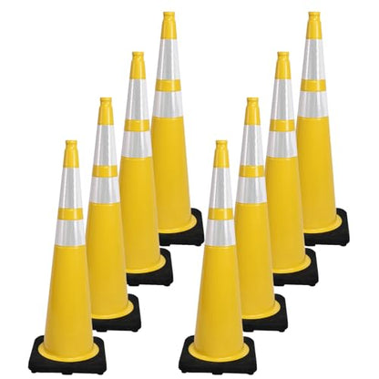 8 Pack 36 Inch Yellow Traffic Cones with Reflective Strips, Large Black Base Safety Cones for Industrial Sites, Warehouses and Emergency Marking (8, Yellow, 36 Inch) - color: Yellow, size: 36 Inch