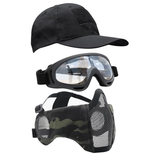 Airsoft Mask with Goggles, Foldable Half Face Airsoft Mesh Mask with Ear Protection for Paintball Shooting Cosplay CS Game - color: 1-BCPCP~3PCS, size: 3pcs