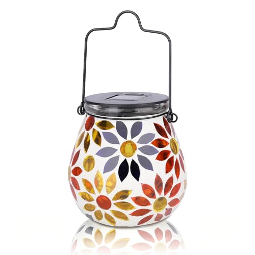 Afirst Outdoor Solar Lantern Waterproof Mosaic Glass Hanging Garden Light - color: Daisy