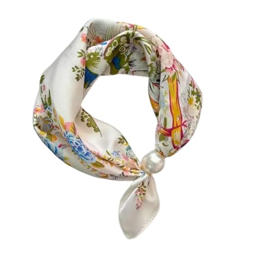 Women’s Silk Pearl magnetic buckle Scarf with Charm Buckle Satin Square Scarf for Neck Retro Floral Print，hair band - color: 01-12