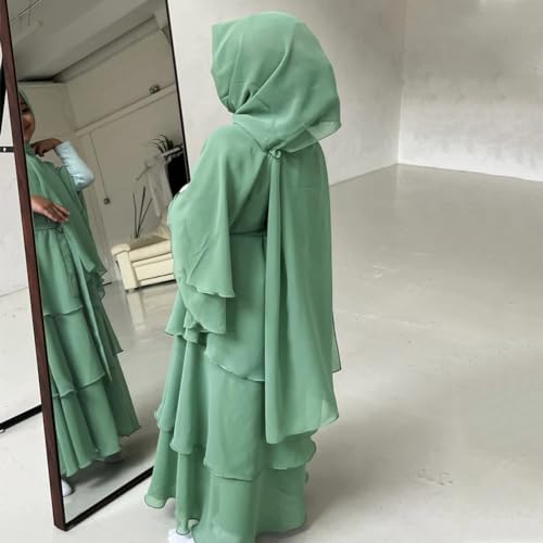 Chiffon layered Open Abaya Dubai Kaftan Muslim Cardigan Abayas Dresses For Girls Casual Robe Kimono Islam Clothing - color: Mint Green, size: 9-10 Years