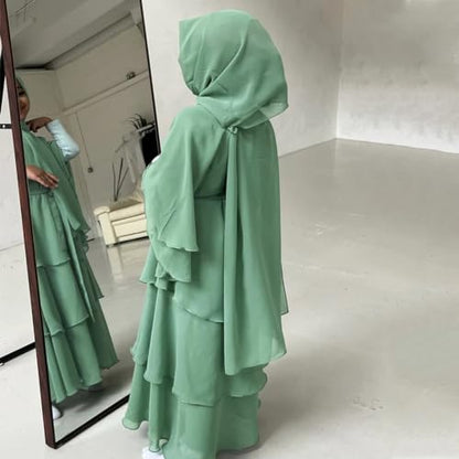 Chiffon layered Open Abaya Dubai Kaftan Muslim Cardigan Abayas Dresses For Girls Casual Robe Kimono Islam Clothing - color: Mint Green, size: 5-6 Years