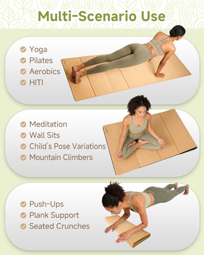 Rocalt Foldable Cork Yoga Mat, Non Slip Travel Pilates Workout Mat | 69 x 24 x 0.25 in, accordion-fold design, POE backing, carry strap for yoga, stretching and travel
