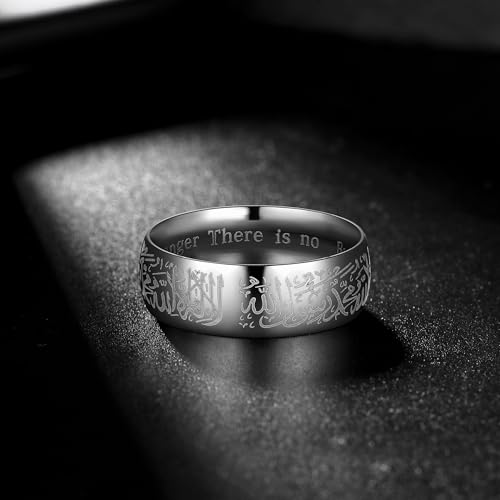 Hipunk Stainless Steel Islamic Muslim Shahada Ring - Mohammad Arabic Letter Rings Band Prayer Religious Calligraphy Ayatul Kursi Allah Rings Eid Ramadan for Men Women Size 9-12 - color: steel