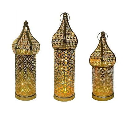 for Moroccan Golden Hollow Iron Lantern for Ramadan Home Decoration, Battery-Operated Light Ornament for Eid, Weddings, Festivals, Tabletop Use, Gold