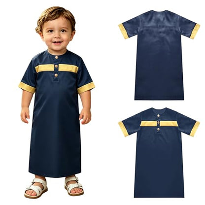 Toddler Ramadan Eid Outfit Traditional Middle Eastern Short-Sleeve Crew-Neck Thobe Kaftan Prayer Clothes - color: Navy Blue, size: 3T