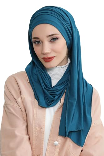 Aisha's Design Instant Hijab Scarves for Women, 95% Cotton Pretied Bonnet Turban Easy to Wear Cotton Headscarf - color: Petrol Blue