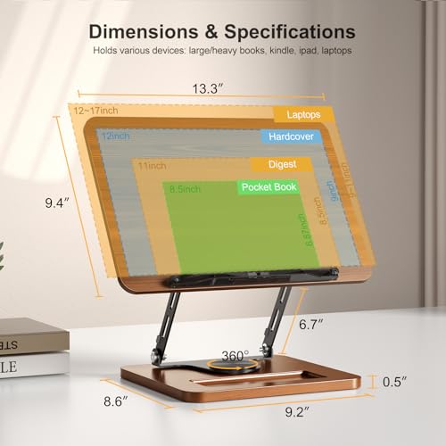 OPTIXCELL Book Stand for Reading, 360° Rotating Hands Free Book Holder, Adjustable Height and Angle, Page Clip for Cookbook, Recipe, Magazine, Laptop,Tablet, Foldable for Kitchen, Office, School - style: Book Stand