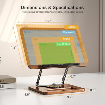OPTIXCELL Book Stand for Reading, 360° Rotating Hands Free Book Holder, Adjustable Height and Angle, Page Clip for Cookbook, Recipe, Magazine, Laptop,Tablet, Foldable for Kitchen, Office, School - style: Book Stand