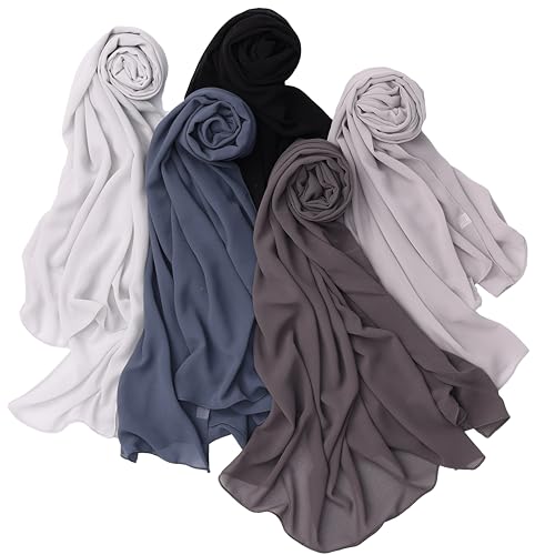 NOOR Chiffon Hijab Set for Women - Pack of 5 Lightweight Non-Slip Scarves, Premium Breathable Fabric, Gift-Ready Packaging - color: Mix Colors 15