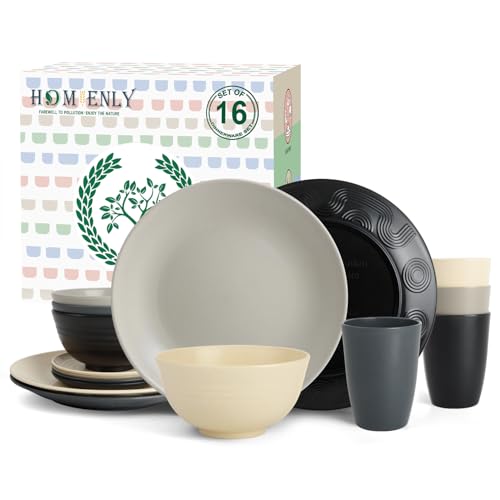 Homienly Wheat Straw Dinnerware Set - Dinner Plates, Cereal Bowls, Drinking Cups Set, Unbreakable 16 PCS Dish Set, Microwave and Dishwasher Safe Dishes for Home, Outdoor - Grey Stone - color: Grey Stone, size: 16 PCS
