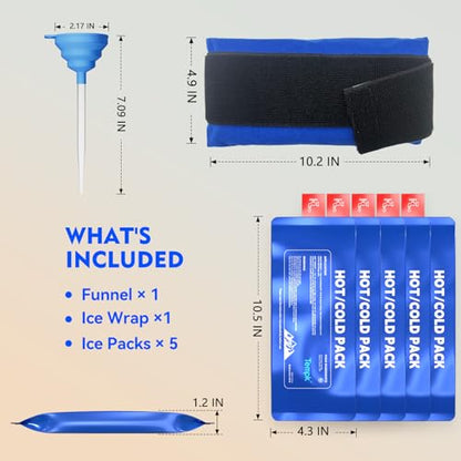 3D Design Long Lasting Water-Fillable Reusable Hot and Cold Ice Packs for Injuries Gel Wraps for Shoulder Back Knee Joint Pain Muscle Soreness and After Surgery 5pcs with Strap10.5"*4.3"*1.2"