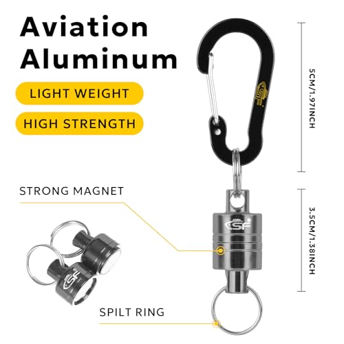 SF Strongest Magnetic Net Release Magnetic Keychain Fly Fishing Net Retractor Magnet Clip Holder Retractor with Retractable Coiled Lanyard Carabiner - color: Gunmetal Magnet+ Black Aluminum Alloy Hook