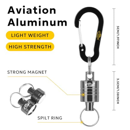 SF Strongest Magnetic Net Release Magnetic Keychain Fly Fishing Net Retractor Magnet Clip Holder Retractor with Retractable Coiled Lanyard Carabiner - color: Gunmetal Magnet+ Black Aluminum Alloy Hook