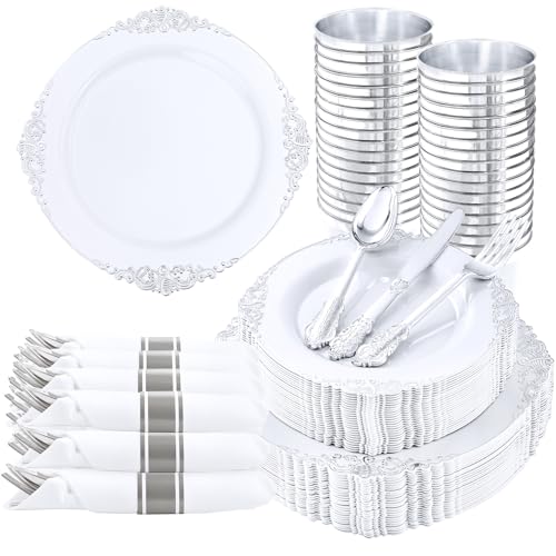 Nervure 350Pcs Silver Plastic Plates, Plastic Dinnerware Set for 50 Guests - color: White and Silver