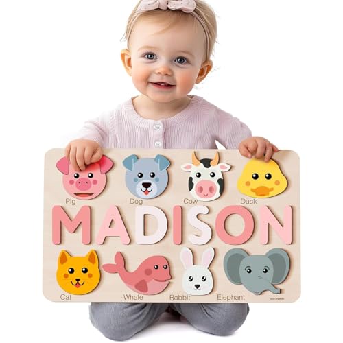 Zuzu Puzzle Personalized Name Puzzle for Toddlers 1-3 | Safari, Farm & 12 Themes | Handmade Wooden Montessori Toy, Keepsake Nursery Decor & Perfect 1st Birthday Gift for Boy Girl - color: Multicolor