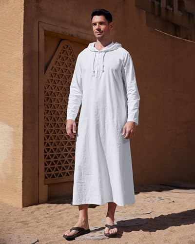 YAOHUOLE Long Sleeve Kaftan Thobe Button down Men Thobe with Pocket Big and Tall Kaftan Muslim Men Thobe - color: White, size: 3X-Large