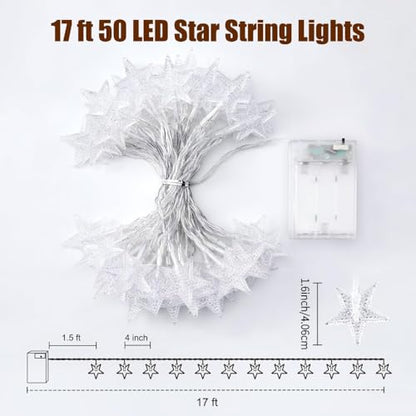 Star String - 17 ft 50 LED Star Fairy String Lights with Timer, Waterproof for Indoor Bedroom Tent Loft Bed Patio Party Wedding Ramadan Decorations, Warm White