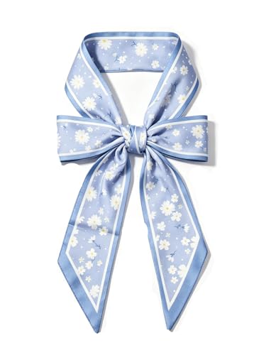 Silky Satin Long Skinny Head Scarf for Women - Neck Hair Scarf, Purse Bag Belt Accessory, Silk Feeling, 57"x5" - color: Sky Blue Floral 04
