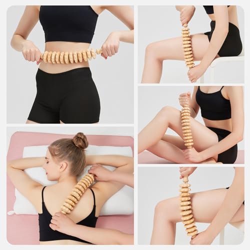 Wooden Cellulite Massage Roller for Legs and Thighs - Handheld Fascia Blaster Tool for Muscle Relief, Lymphatic Drainage & Body Sculpting - Anti Cellulite Massager for Women and Men (12 Wheel) - color: Wooden Bend