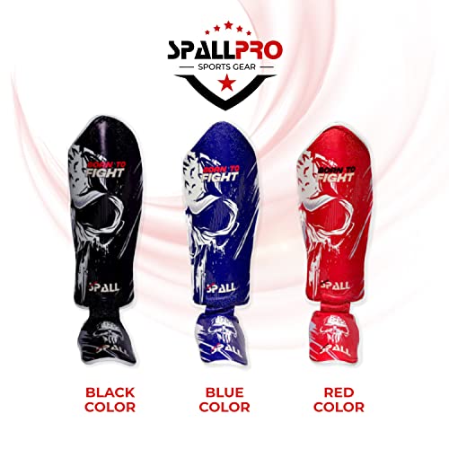 Spall Pro US Muay Thai Guards Shin Guards for Kickboxing Martial Arts BJJ Boxing Sparring with MMA Foot Protector - Born to Fight Black (X-Large)
