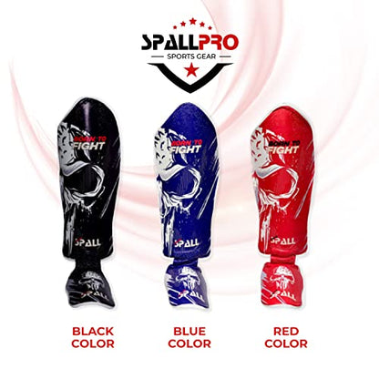 Spall Pro US Muay Thai Guards Shin Guards for Kickboxing Martial Arts BJJ Boxing Sparring with MMA Foot Protector - Born to Fight Black (X-Large)