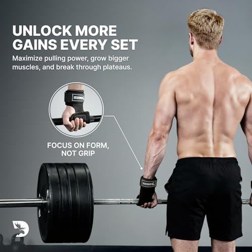 DMoose Fitness Weight Lifting Hooks (Pair) for Deadlifts, Pull Ups, Rows & Shrugs - Anti-Rip Nylon Strap Hand Grips with Thick Wrist Padding - Heavy Duty Wrist Straps for Weightlifting & Gym Workouts - color: Brown Lifting Grip
