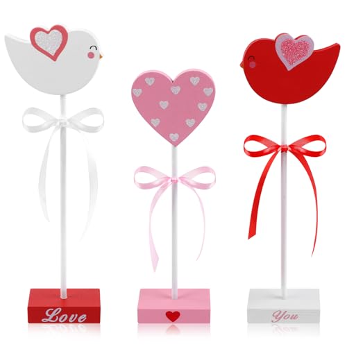 3 Pcs Valentine's Day Wooden Bird Heart Tiered Tray Decor Set, Rustic Romantic Standing Block Table Centerpieces, Double Printed Table Decorations for Home Kitchen Wedding Party Office - color: Bird