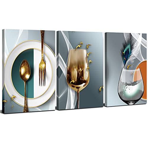 AIYISU 3 Piece Kitchen Wall Art Wine Glass Pictures for Dining Room Wall Decor Teal Gray Gold Wine Cups Paintings Abstract Geometric Kitchenware Modern Art Wall Decor Family Artwork Decoration 16x24 - color: wineglass, size: 24"L x 16"W
