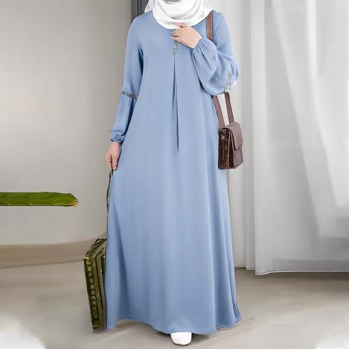 Muslim Prayer Dress Long Sleeve Round Neck Loose Abaya Maxi with Sequin Detail Flowy Sun Dress Casual Cover Up - color: 02#_light Blue, size: X-Large