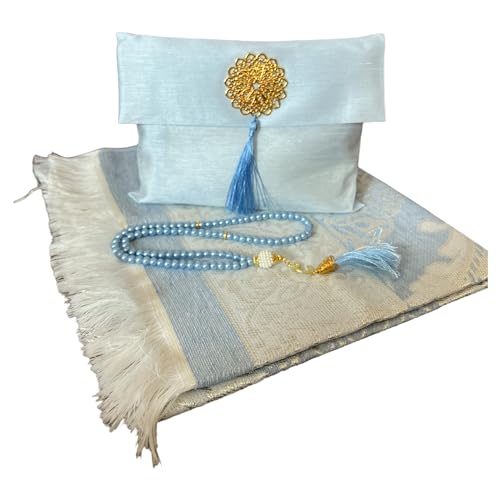 Muslim Prayer Rug and Beads with Elegant Slub Fabric Bag | Janamaz | Sajadah | Soft Islamic Prayer Rug | Islamic & Mawlid Gifts | Prayer Carpet Mat, Taffeta Fabric (Blue, 1 Sets) - color: Blue, size: 1 Sets