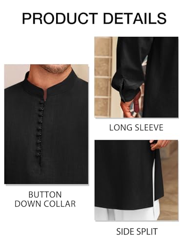 Runcati Mens Kaftan Thobe Button Down Henley Shirts Robe Long Sleeve Casual Cotton Linen Muslim Gown Shirt - color: Black, size: Medium