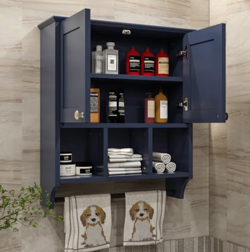 Bathroom Wall Cabinet, Wall Mounted with Towel Bar & 6 Shelves - Over Toilet Storage Organizer, 2-Door Medicine Cabinet, Adjustable Bathroom Shelves(Blue) - color: Blue
