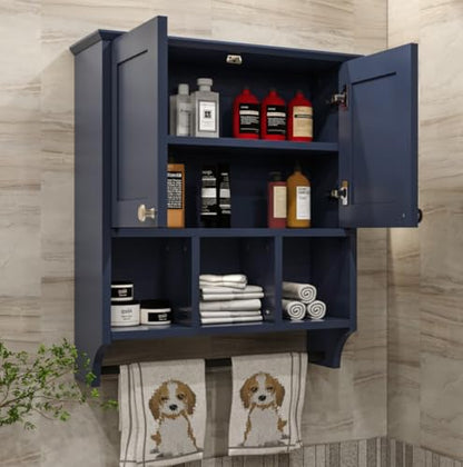 Bathroom Wall Cabinet, Wall Mounted with Towel Bar & 6 Shelves - Over Toilet Storage Organizer, 2-Door Medicine Cabinet, Adjustable Bathroom Shelves(Blue) - color: Blue