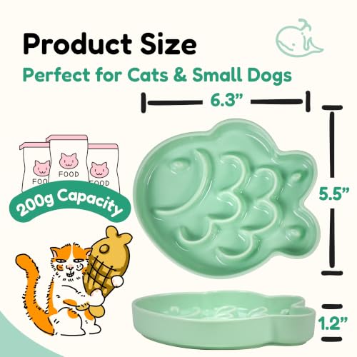 2Pcs Ceramic Cat Slow Feeder Bowl, Fish Shape 6.3" W Wide Shallow Cat Plate, Whisker Friendly Slow Feed Bowl for Wet Meals, Dry Kibble, Canned Meals & Treats, Dishwasher Safe, (Green + Blue) - color: Green + Blue