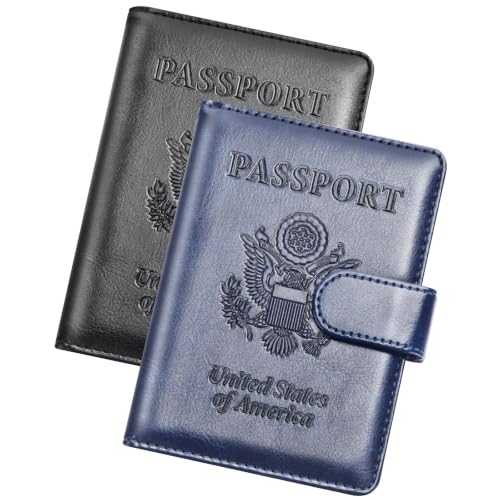 Herain Passport Holder for Travel Essentials, 2 Pcs Passport Cover Wallet Case Travel Gifts Women Men Family, RFID Passports Book Card Holders Travels Cruise Accessories Must Haves - color: B-Black + Dark Blue, style: Upgraded