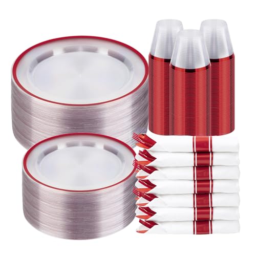 BESTSTAR 350PCS Clear and Red Disposable Plates Set for 50 Guests for Party - color: Red, size: 350 Piece (50 guests)