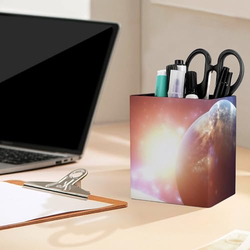 Pen Holder Leather Pencil Holder for Desk Planets in Space Background Desktop Stationery Pen Cup Desk Accessories Holder Makeup Brush Storage Organizer for Work Home Art Supply 3.9" X 3.1" - color: Planets in space background